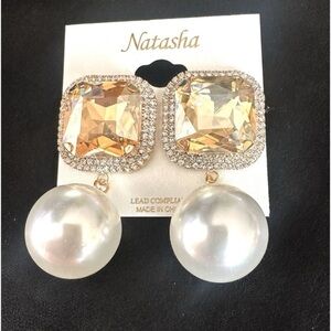 NATASHA🔥 Pearl/ Champagne Crystal Drop Earrings